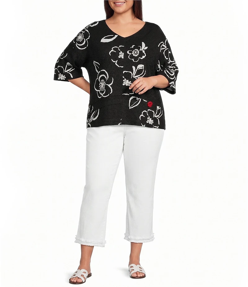 Ali Miles Plus Size Woven Contrast Floral Side V-Neck Elbow Sleeve Popover Top