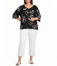 Ali Miles Plus Size Woven Contrast Floral Side V-Neck Elbow Sleeve Popover Top
