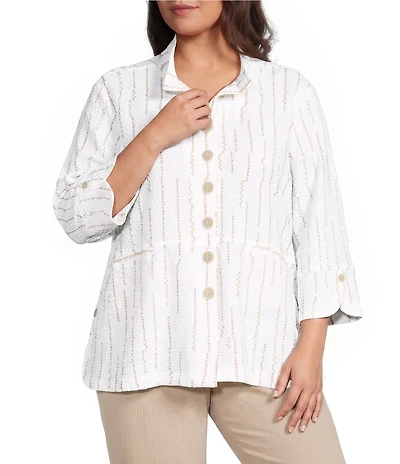Ali Miles Plus Size Woven Dotted Stripe Wire Collar 3/4 Sleeve Button-Front Shirt
