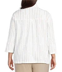 Ali Miles Plus Size Woven Dotted Stripe Wire Collar 3/4 Sleeve Button-Front Shirt