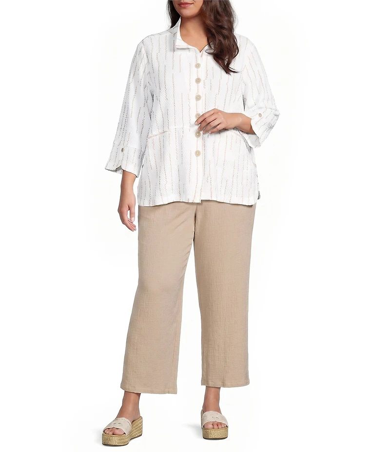 Ali Miles Plus Size Woven Dotted Stripe Wire Collar 3/4 Sleeve Button-Front Shirt