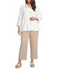Ali Miles Plus Size Woven Dotted Stripe Wire Collar 3/4 Sleeve Button-Front Shirt
