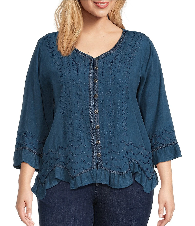 Ali Miles Plus Size Woven Embroidered Motif V-Neck 3/4 Sleeve Handkerchief Button Front Top