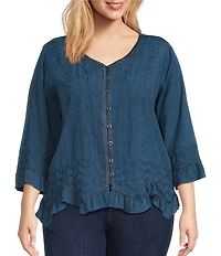 Ali Miles Plus Size Woven Embroidered Motif V-Neck 3/4 Sleeve Handkerchief Button Front Top