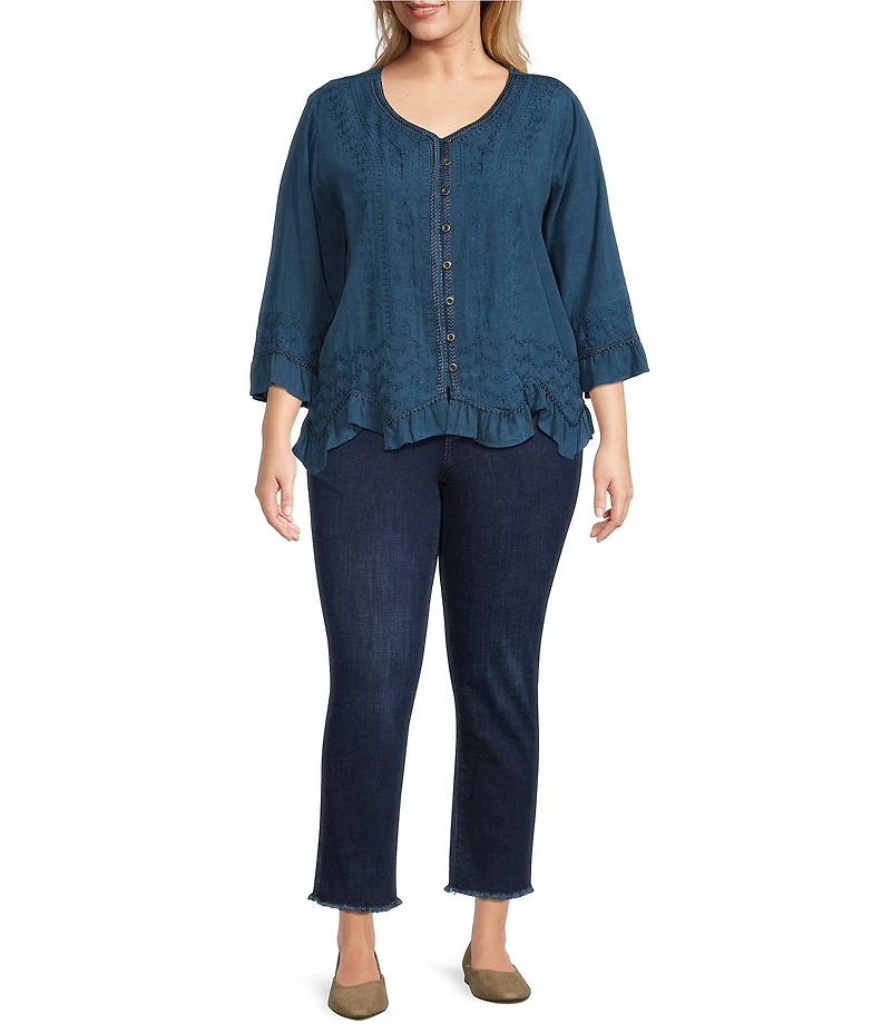 Ali Miles Plus Size Woven Embroidered Motif V-Neck 3/4 Sleeve Handkerchief Button Front Top