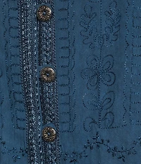 Ali Miles Plus Size Woven Embroidered Motif V-Neck 3/4 Sleeve Handkerchief Button Front Top