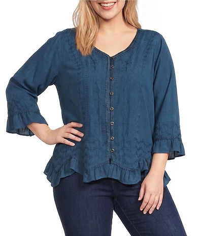 Ali Miles Plus Size Woven Embroidered Motif V-Neck 3/4 Sleeve Handkerchief Button Front Top
