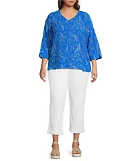 Ali Miles Plus Size Woven Embroidered Paisley Leaf V-Neck 3/4 Sleeve Top