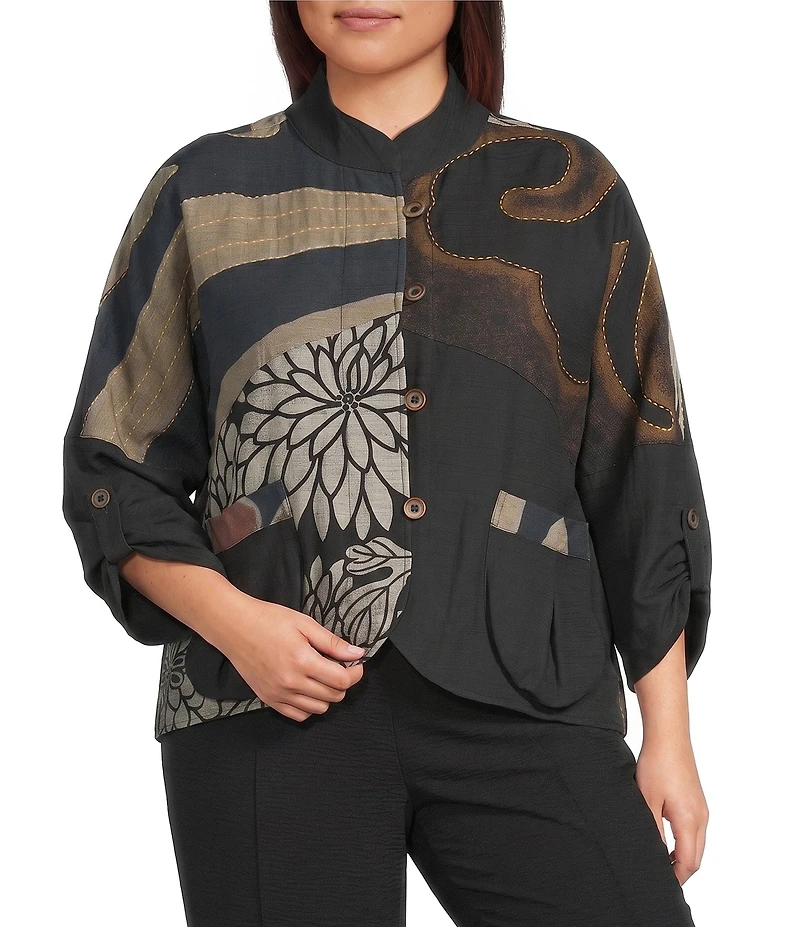 Ali Miles Plus Size Woven Embroidered Patch Stand Collar 3/4 Sleeve Tulip Hem Button Front Jacket