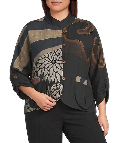 Ali Miles Plus Size Woven Embroidered Patch Stand Collar 3/4 Sleeve Tulip Hem Button Front Jacket