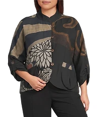 Ali Miles Plus Size Woven Embroidered Patch Stand Collar 3/4 Sleeve Tulip Hem Button Front Jacket