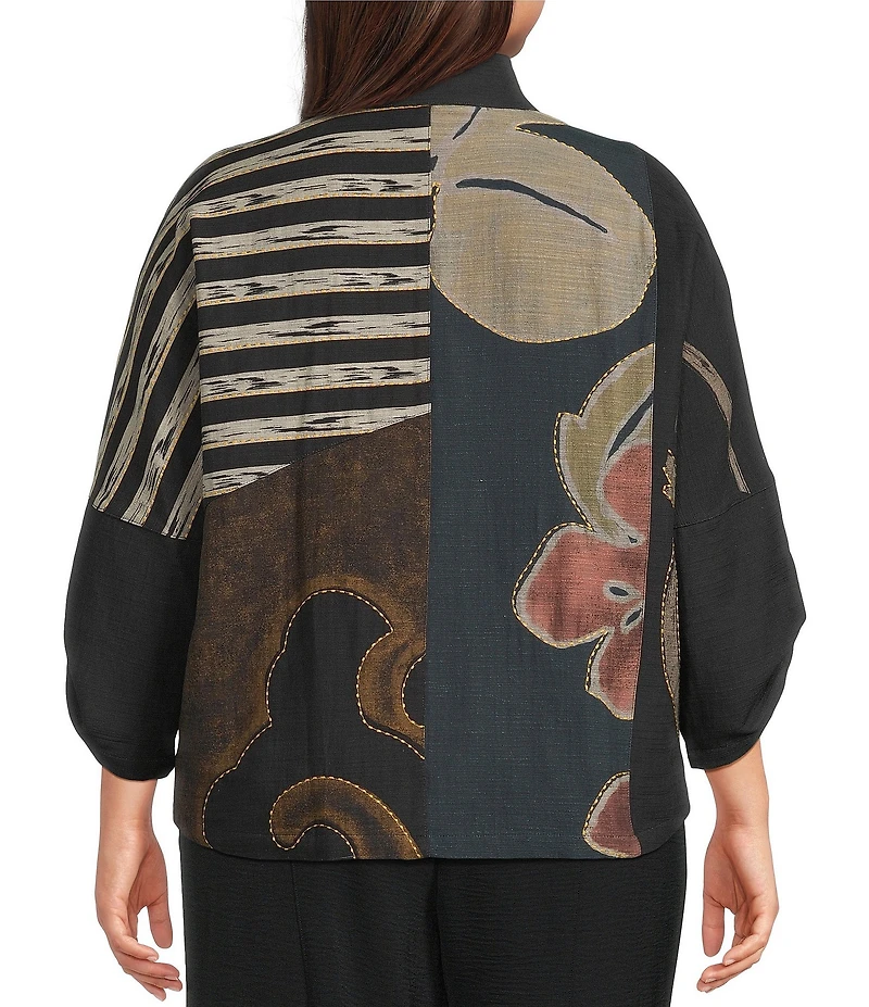 Ali Miles Plus Size Woven Embroidered Patch Stand Collar 3/4 Sleeve Tulip Hem Button Front Jacket