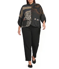Ali Miles Plus Size Woven Embroidered Patch Stand Collar 3/4 Sleeve Tulip Hem Button Front Jacket