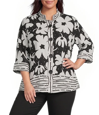 Ali Miles Plus Size Woven Floral Abstract Line Border Print Wire Collar 3/4 Bell Sleeve Jacket