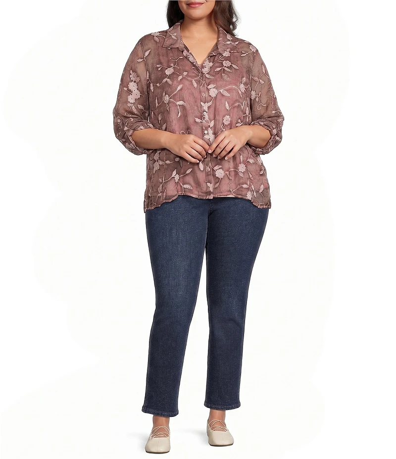 Ali Miles Plus Size Woven Floral Embroidered Point Collar 3/4 Roll-Tab Sleeve Button-Front Shirt