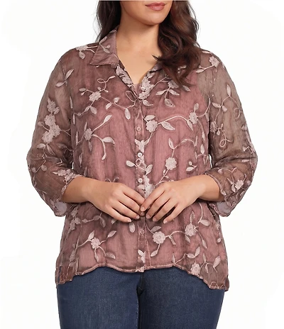 Ali Miles Plus Size Woven Floral Embroidered Point Collar 3/4 Roll-Tab Sleeve Button-Front Shirt