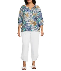 Ali Miles Plus Size Woven Floral Multi Split V-Neck 3/4 Tacked Sleeve High Low Top