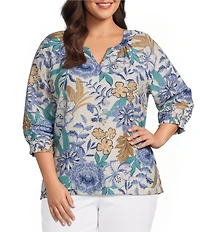 Ali Miles Plus Size Woven Floral Multi Split V-Neck 3/4 Tacked Sleeve High Low Top