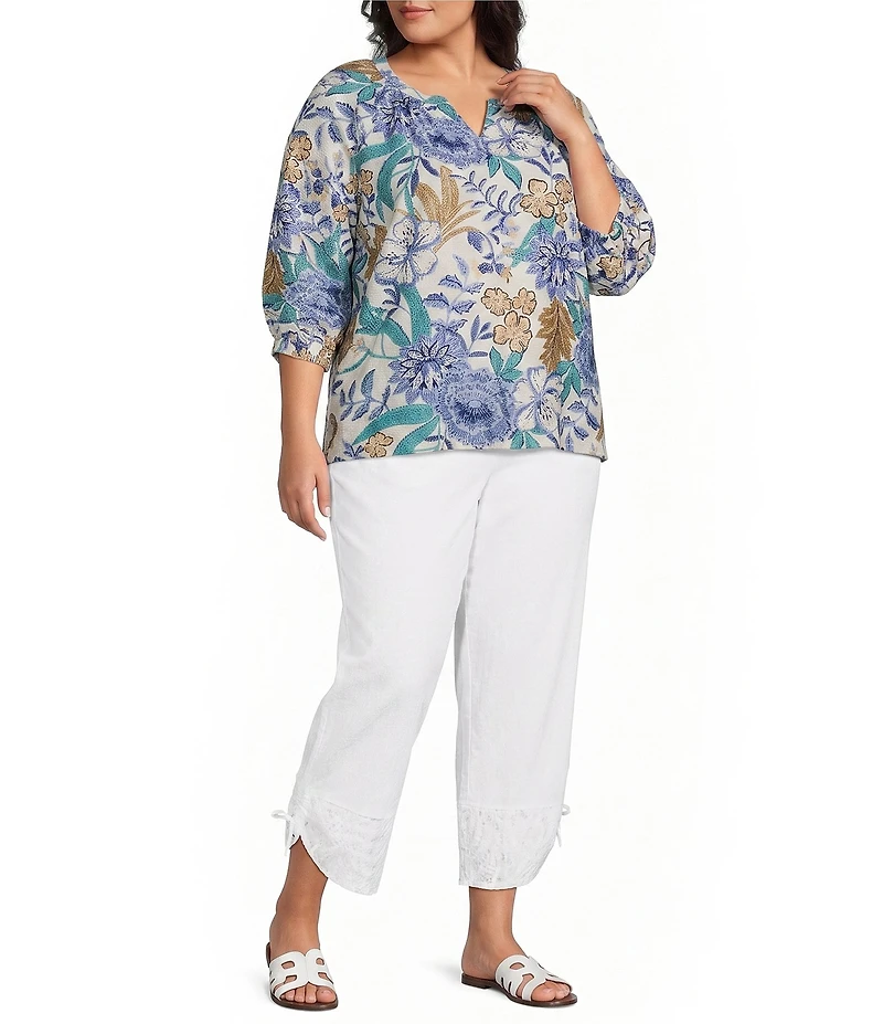 Ali Miles Plus Size Woven Floral Multi Split V-Neck 3/4 Tacked Sleeve High Low Top