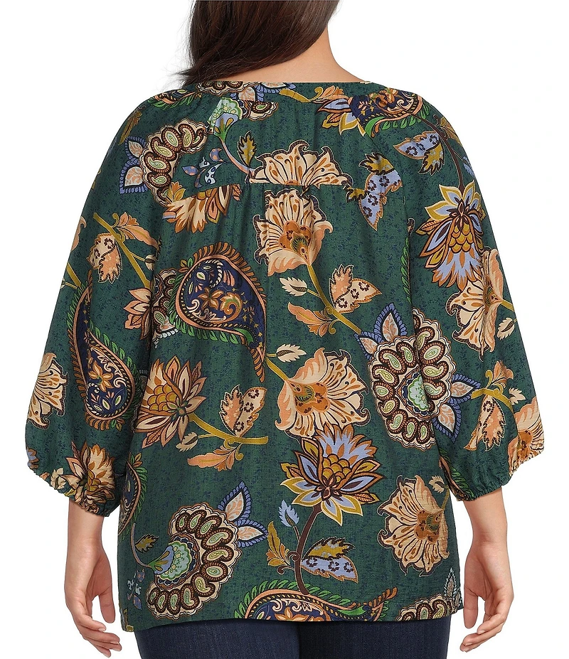 Ali Miles Plus Size Woven Floral Paisley Print V-Neck 3/4 Raglan Sleeve Top