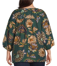 Ali Miles Plus Size Woven Floral Paisley Print V-Neck 3/4 Raglan Sleeve Top