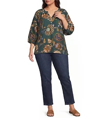 Ali Miles Plus Size Woven Floral Paisley Print V-Neck 3/4 Raglan Sleeve Top