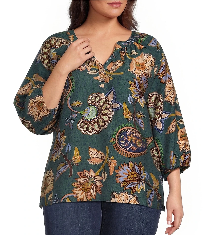 Ali Miles Plus Size Woven Floral Paisley Print V-Neck 3/4 Raglan Sleeve Top