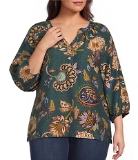 Ali Miles Plus Size Woven Floral Paisley Print V-Neck 3/4 Raglan Sleeve Top