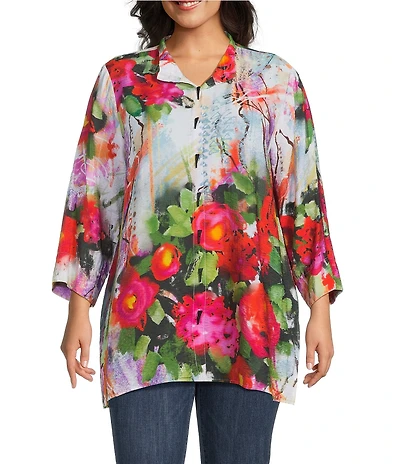 Ali Miles Plus Size Woven Floral Wire Neck 3/4 Cuff Sleeve Button-Front Tunic