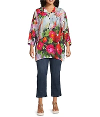 Ali Miles Plus Size Woven Floral Wire Neck 3/4 Cuff Sleeve Button-Front Tunic