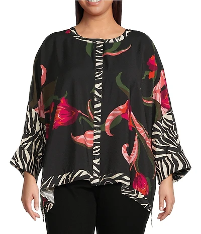 Ali Miles Plus Size Woven Floral Zebra Multi Print Round Neck Long Dolman Sleeve Button Front Tunic