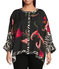 Ali Miles Plus Size Woven Floral Zebra Multi Print Round Neck Long Dolman Sleeve Button Front Tunic