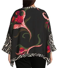 Ali Miles Plus Size Woven Floral Zebra Multi Print Round Neck Long Dolman Sleeve Button Front Tunic