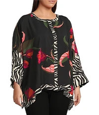 Ali Miles Plus Size Woven Floral Zebra Multi Print Round Neck Long Dolman Sleeve Button Front Tunic