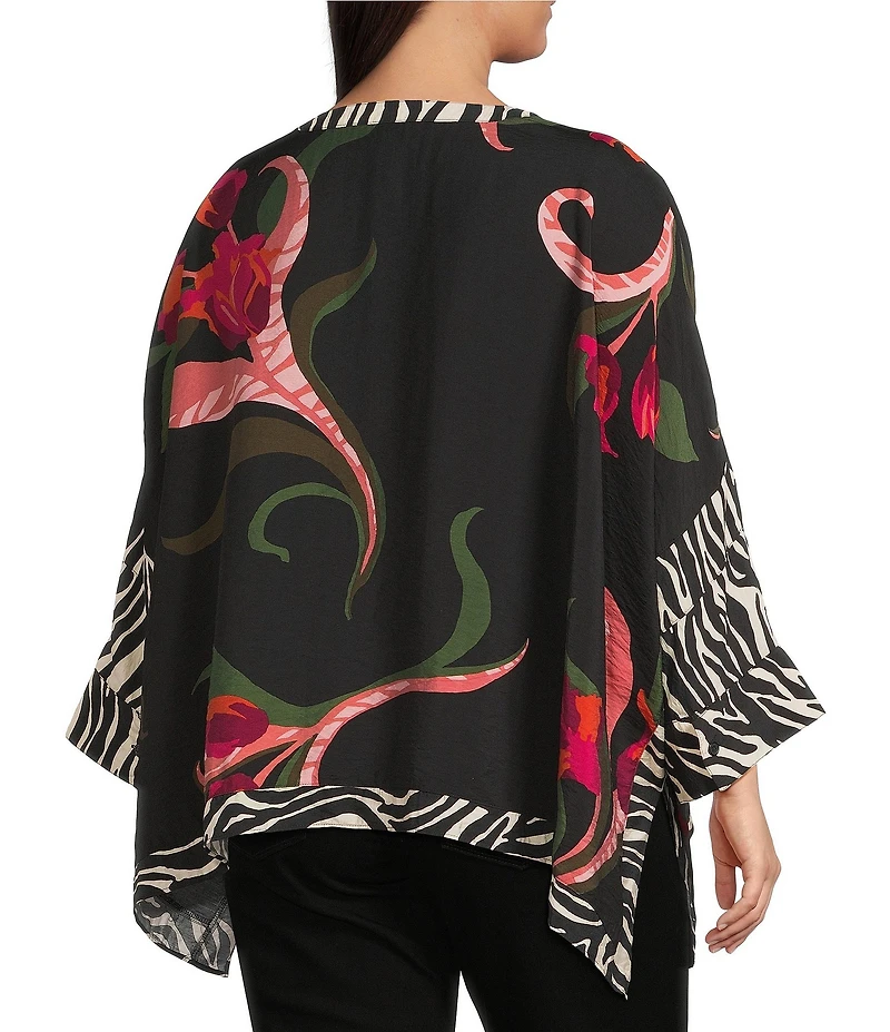 Ali Miles Plus Size Woven Floral Zebra Multi Print Round Neck Long Dolman Sleeve Button Front Tunic