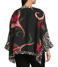 Ali Miles Plus Size Woven Floral Zebra Multi Print Round Neck Long Dolman Sleeve Button Front Tunic