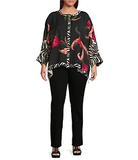 Ali Miles Plus Size Woven Floral Zebra Multi Print Round Neck Long Dolman Sleeve Button Front Tunic