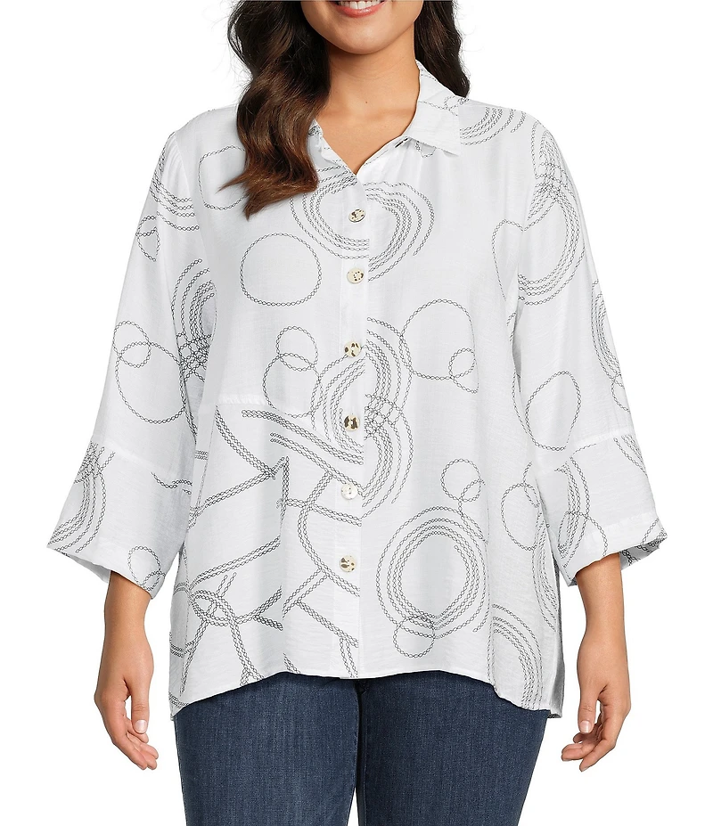 Ali Miles Plus Size Woven Geometric Print Point Collar 3/4 Sleeve Button-Front Tunic