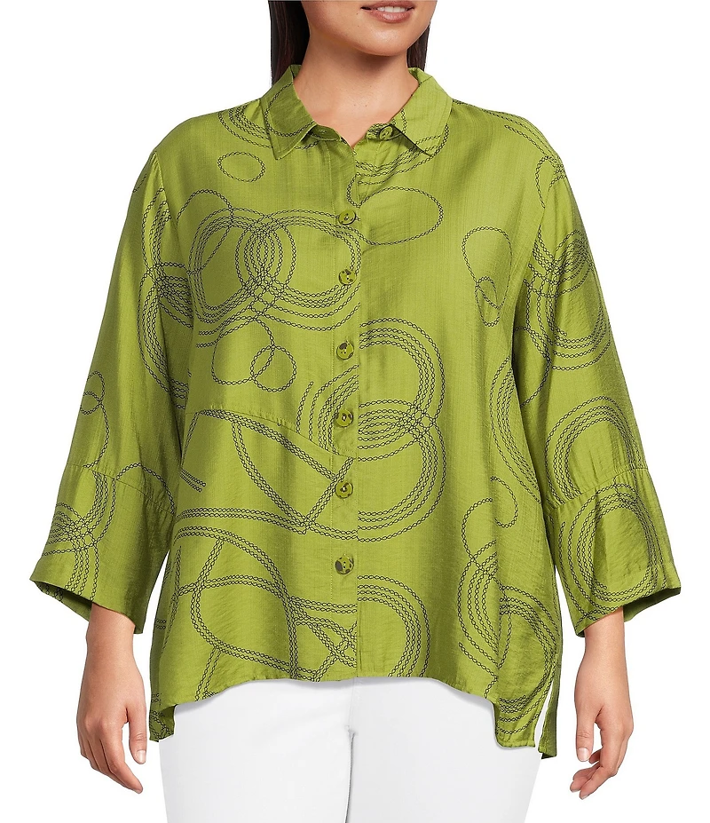 Ali Miles Plus Size Woven Geometric Print Point Collar 3/4 Sleeve Button-Front Tunic