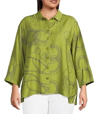 Ali Miles Plus Size Woven Geometric Print Point Collar 3/4 Sleeve Button-Front Tunic