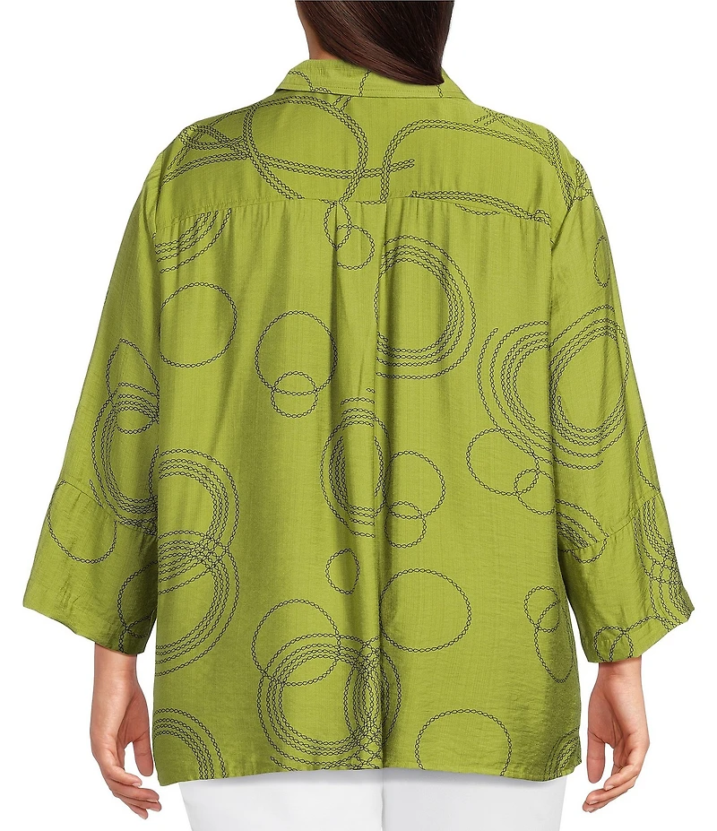 Ali Miles Plus Size Woven Geometric Print Point Collar 3/4 Sleeve Button-Front Tunic