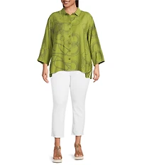 Ali Miles Plus Size Woven Geometric Print Point Collar 3/4 Sleeve Button-Front Tunic