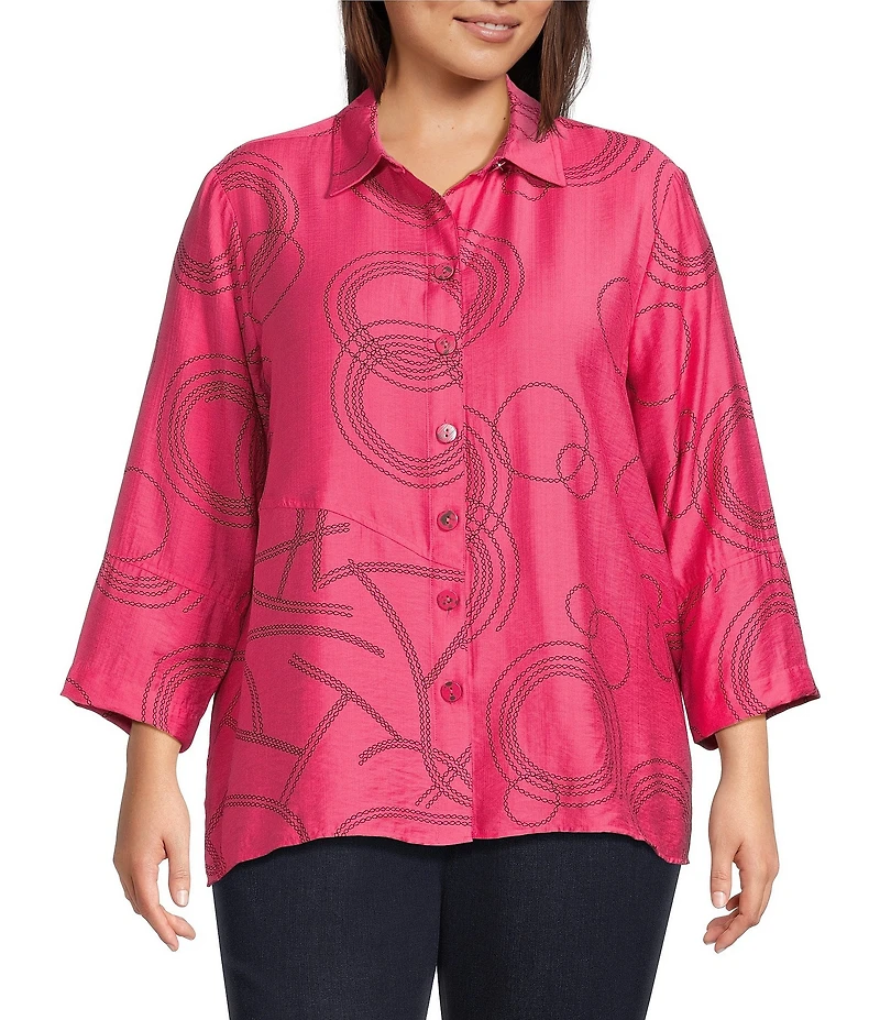 Ali Miles Plus Size Woven Geometric Print Point Collar 3/4 Sleeve Button-Front Tunic