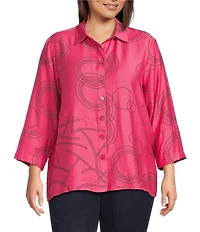 Ali Miles Plus Size Woven Geometric Print Point Collar 3/4 Sleeve Button-Front Tunic
