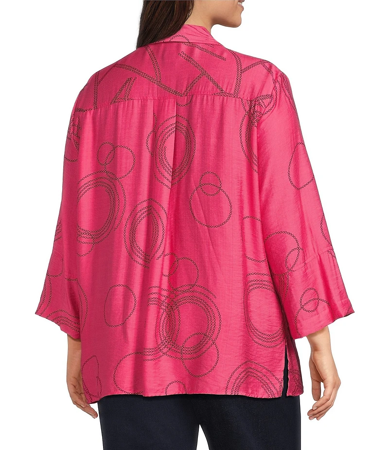 Ali Miles Plus Size Woven Geometric Print Point Collar 3/4 Sleeve Button-Front Tunic