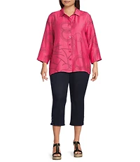 Ali Miles Plus Size Woven Geometric Print Point Collar 3/4 Sleeve Button-Front Tunic