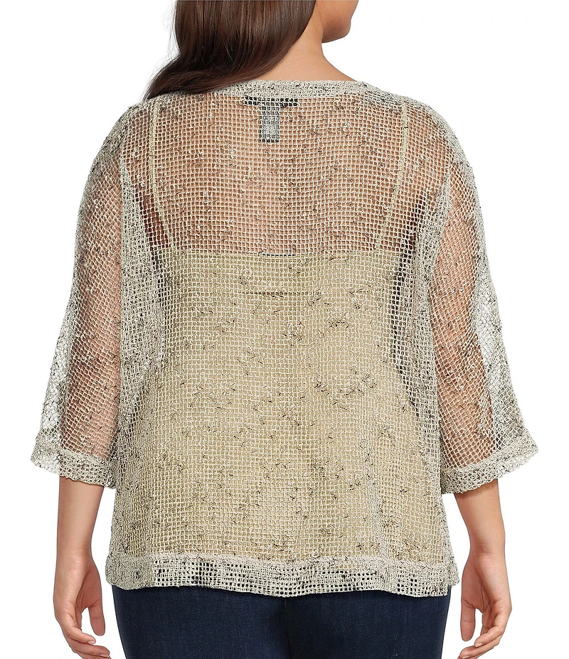 Ali Miles Plus Size Woven Mesh Speckled V-Neck Elbow Length Sleeve Button Front Jacket