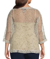 Ali Miles Plus Size Woven Mesh Speckled V-Neck Elbow Length Sleeve Button Front Jacket