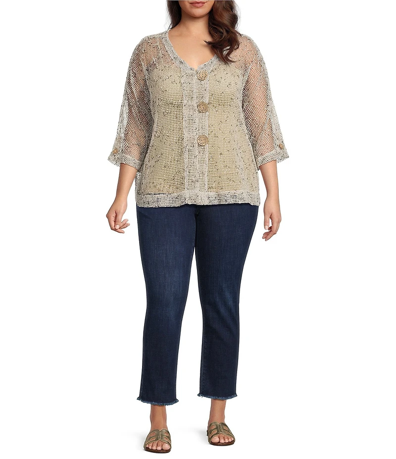 Ali Miles Plus Size Woven Mesh Speckled V-Neck Elbow Length Sleeve Button Front Jacket