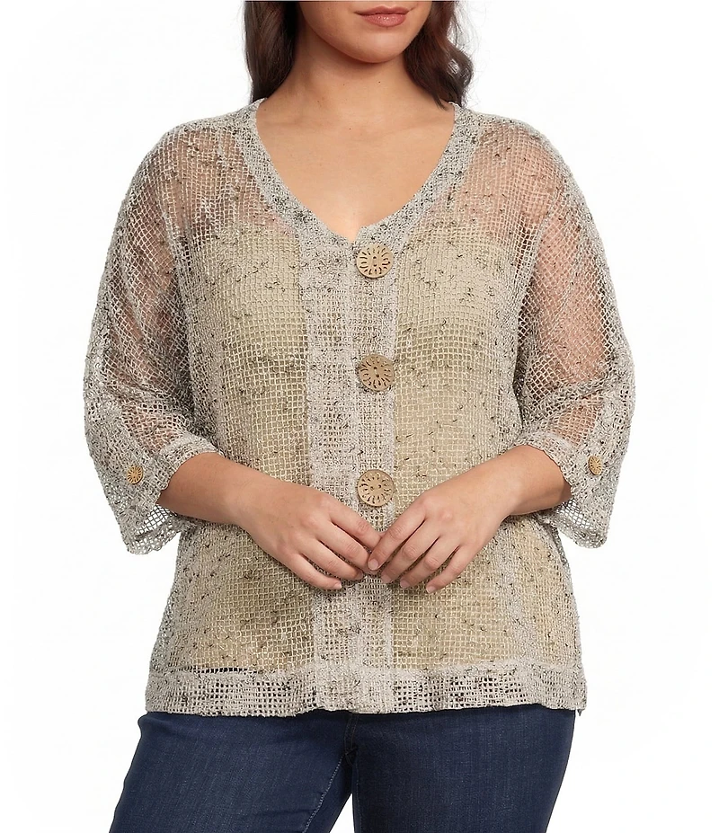 Ali Miles Plus Size Woven Mesh Speckled V-Neck Elbow Length Sleeve Button Front Jacket